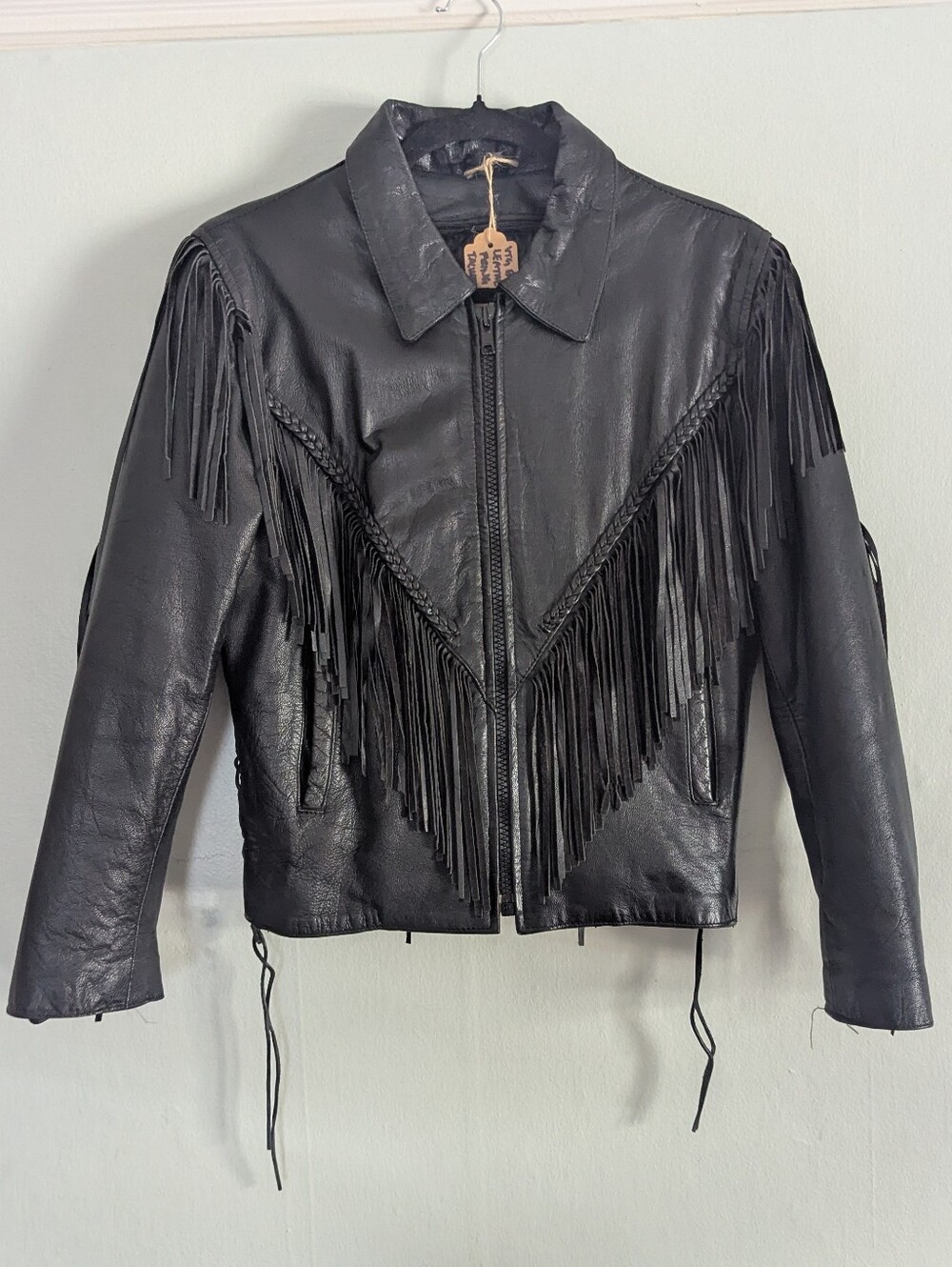 Vtg Leather Biker Jacket With Fringe Size S